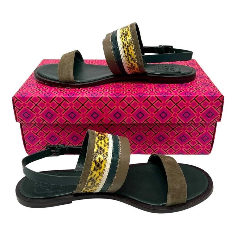 Tory Burch Edina Green Leather Colorblock Slingback Soho Lux Sandals Women’s 8.5 - Picture 1 of 16